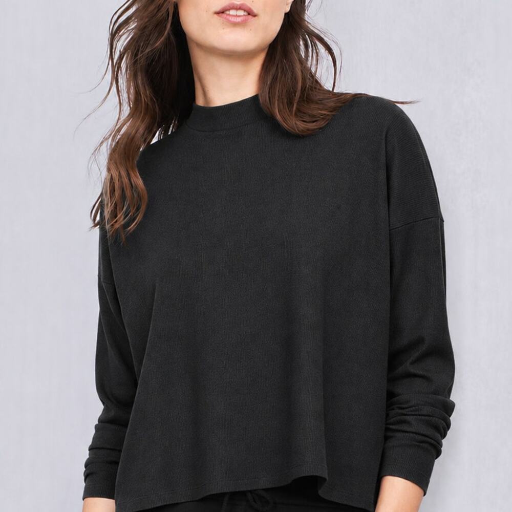 Eileen Fisher Tencel and Organic Cotton Waffle Top Womens Small Mock Neck Black